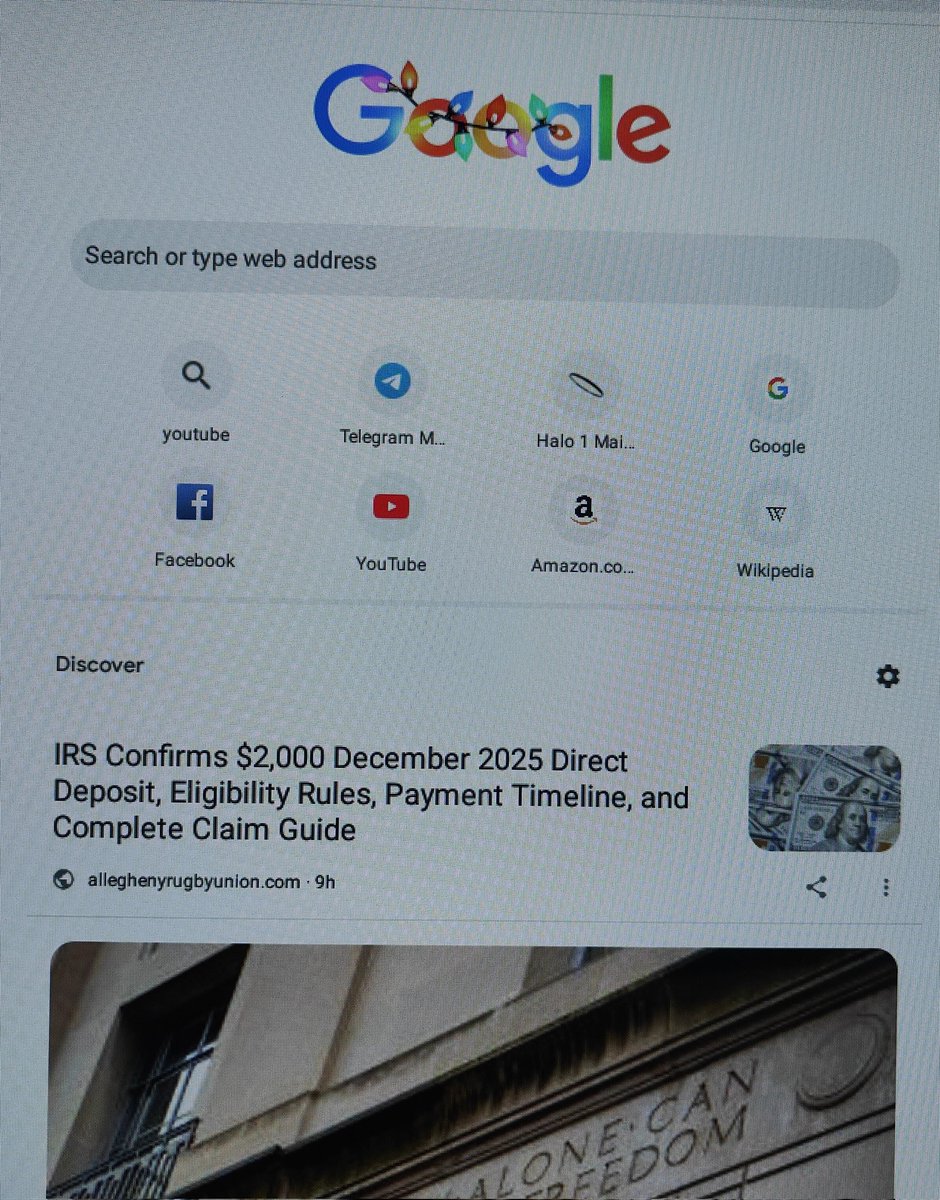 Cyberstorm's tweet photo. Now even Google Chrome's "New Tab" Discover promotes misinformation! Can't even trust Google's recommendations. (There is no, as of this writing, a $2k stimulus from the IRS coming). Also that URL is sus. https://t.co/LsalncyqVx