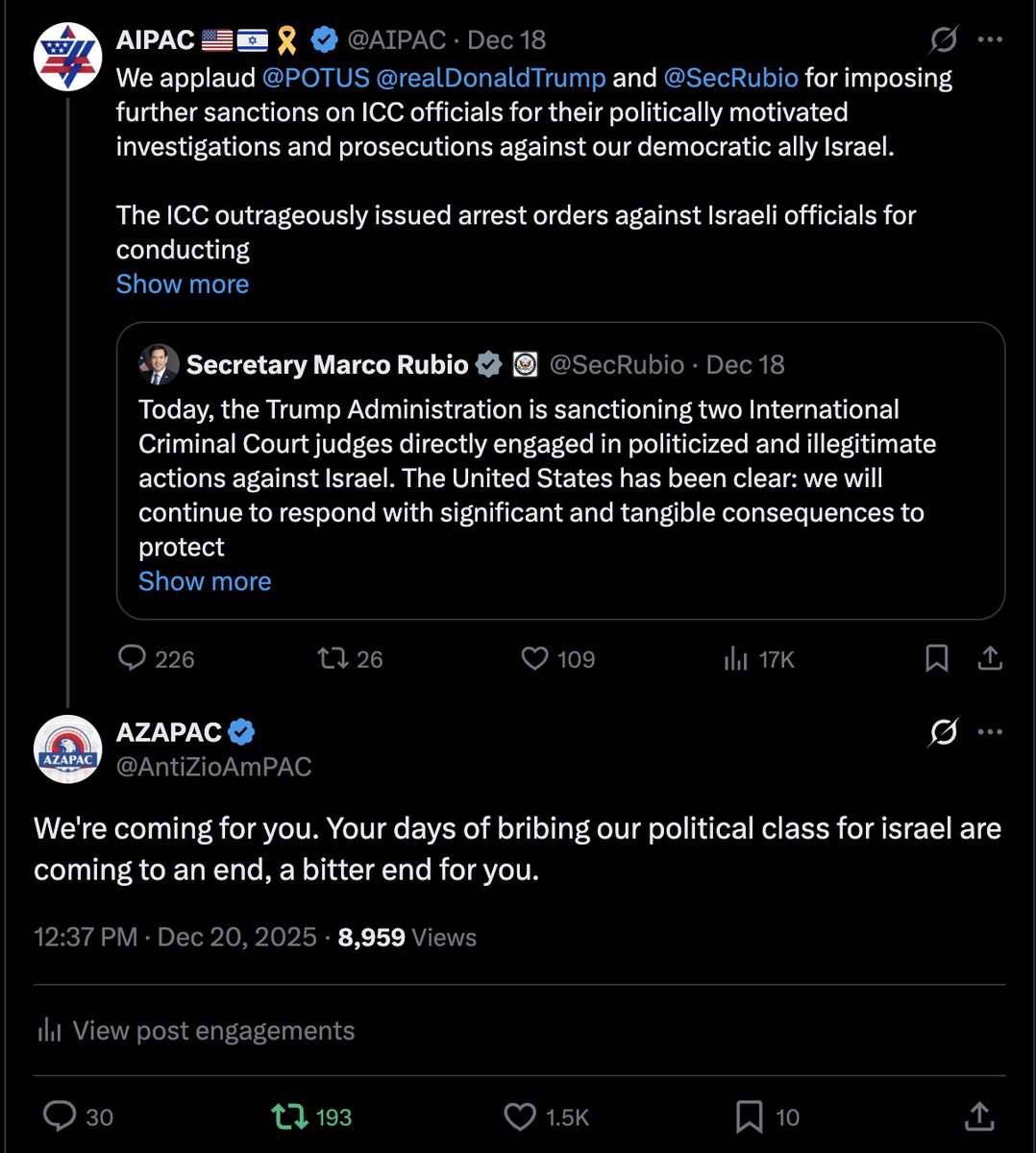 We're ratioing <a href="/AIPAC/">AIPAC 🇺🇸🇮🇱🎗️</a> by more than ten times and with half the views. It's the people against the the hated ziocracy.