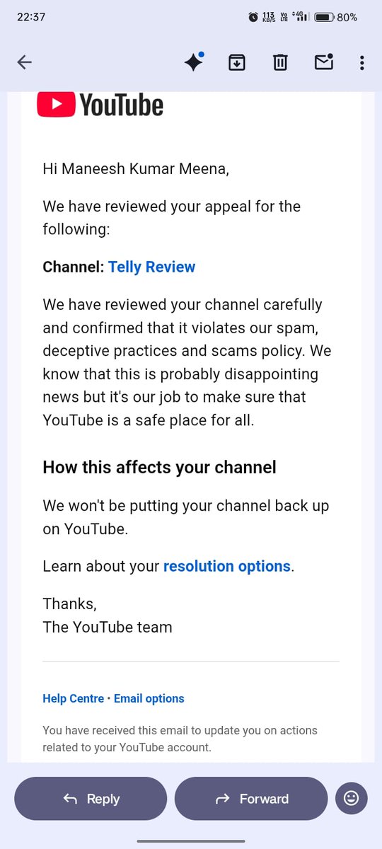MandyaKrishan's tweet photo. @TeamYouTube @YouTubeIndia   Mera channel "Telly Review" (URL: [https://t.co/7bn9DHfOFv…]) "Spam &amp; Deceptive Practices" ki wajah se terminate hua hai. Appeal reject ho gayi, par maine koi galti nahi ki. Please human review kijiye. Main ek real creator hoon. https://t.co/LStu4QvL4M