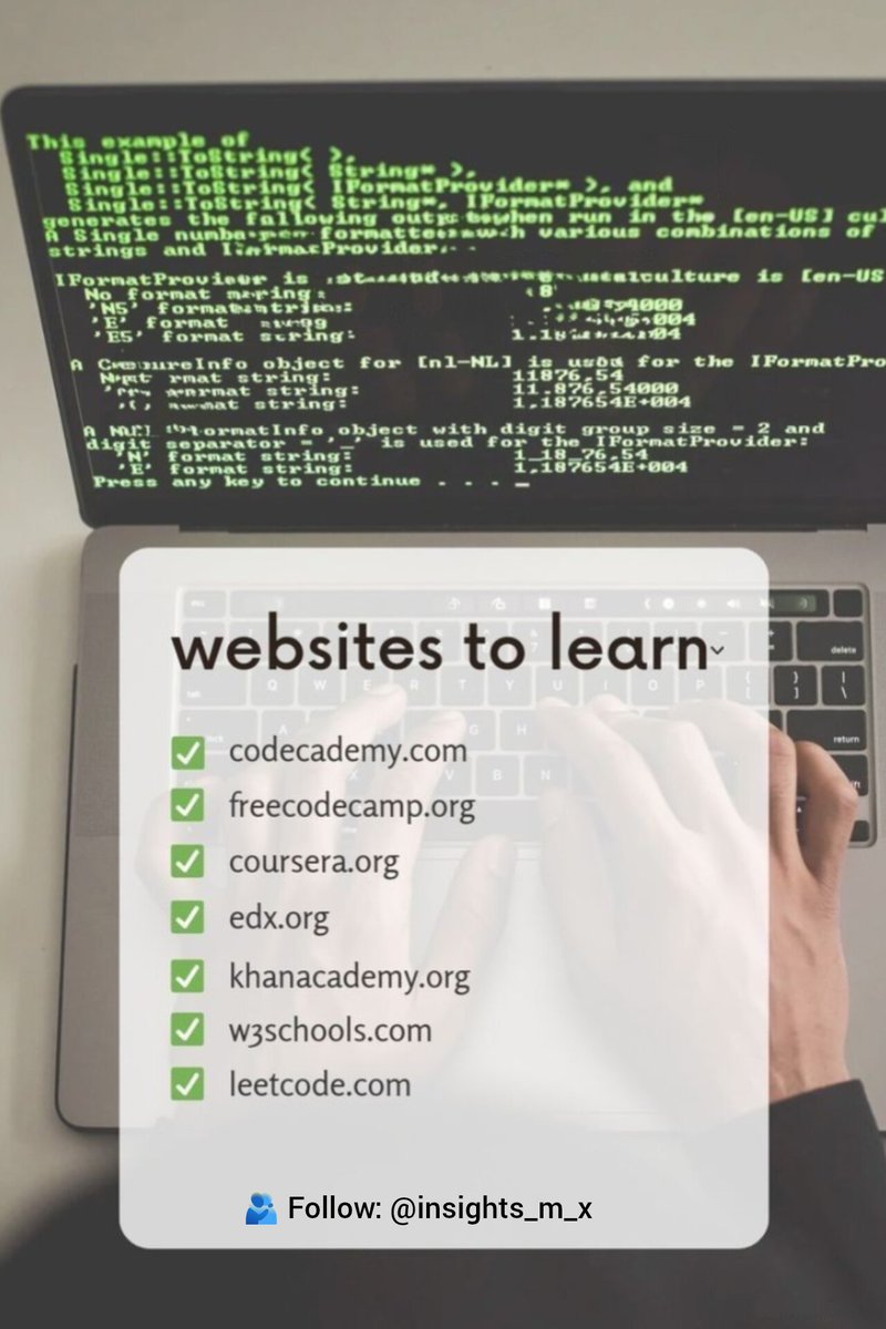 Tec_Fardin's tweet image. TOP 7 CODING SITES

🔗codeacademy.com →Learn By Doing

🔗freecodecamp.org →Build Projects

🔗coursera.org →University Course

🔗khanacademy.org →Easy Tutorial

🔗w3schools.com →Web Basic

🔗leetcode.com →Interview Prep