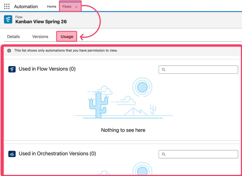 HoangKagawa's tweet image. 🌸 Salesforce Spring ’26 リリース速報：Flowの使用状況が可視化！
Flowの管理がこれまで以上に簡単になります！新機能「View Flow Usage（フロー使用状況の表示）」により、組織内でどのフローが、どこで、どのように使用されているかを正確に把握できるようになります。

🔹 この機能のメリット…
