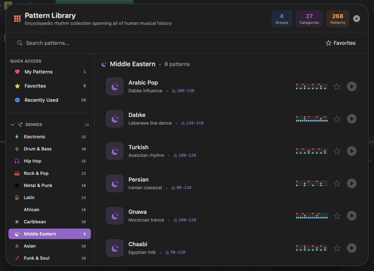 🎵 TellUrStoriDAW Step Sequencer Update

Just shipped a massive update to the step sequencer!

📊 By the numbers:
 • 268 patterns in 27 categories
 • 4 organized groups: Genres, Eras, Applications &amp; Educational
 • From 808 Hip-Hop to Afrobeat, Jazz Swing to IDM Glitch