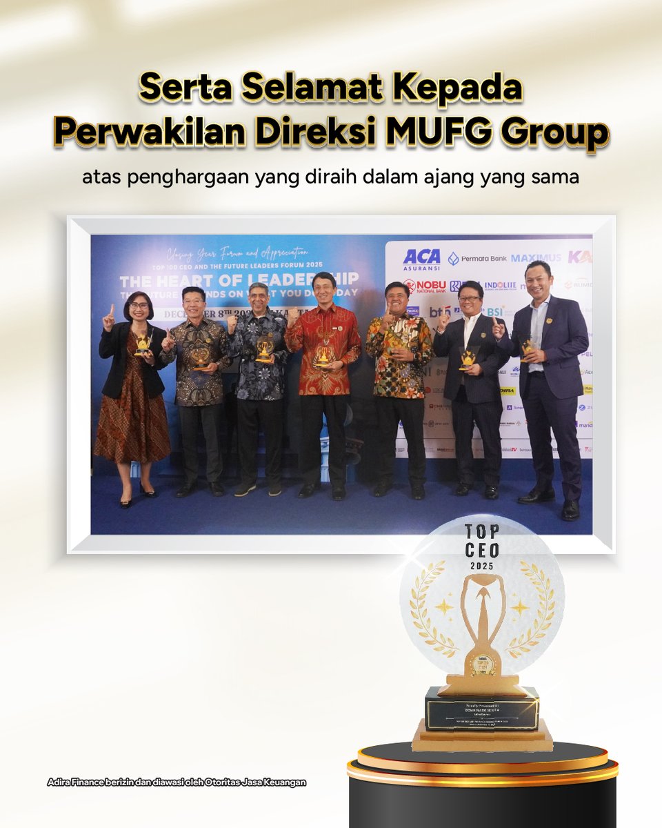 AdiraFinanceID's tweet photo. Selamat juga kepada perwakilan direksi MUFG Group yang meraih penghargaan di ajang yang sama. Kolaborasi yang kuat menjadi kunci pertumbuhan berkelanjutan!
#AdiraFinance #Top100CEO #TheFutureLeaders #Infobank https://t.co/q8qVNXgeBx