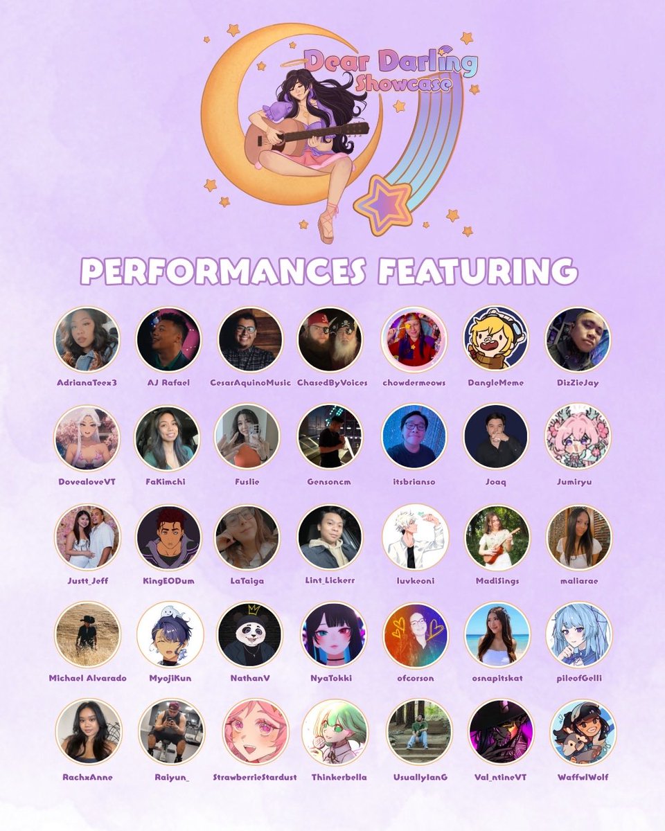 DEAR DARLING SHOWCASE IS LIVE 💜✨🪽

Let’s come together to listen to comfy music by so many talented performers, fundraise for HeartSupport aka a nonprofit that specializes mental health for musicians, and to honor the life of our dear Darleeng. 🌟

twitch.tv/maliarae