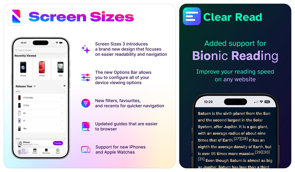 It was a big year for Screen Sizes and Clear Read with Screen Sizes getting a complete redesign inspired by Liquid Glass and Clear Read finally being able to have Bionic Reading as a font

Take a look at these and more at toast-studio.com