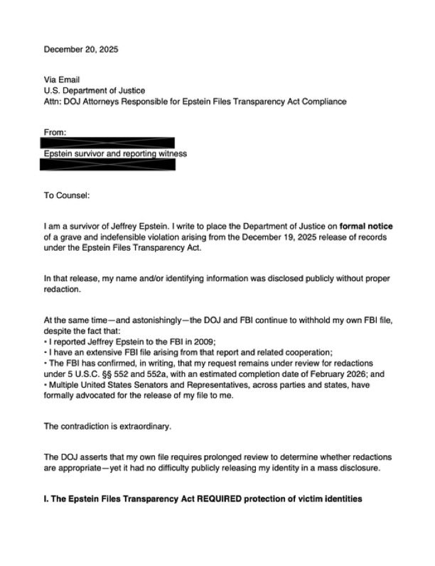 allenanalysis's tweet image. 🚨 BREAKING: The DOJ redacted Donald Trump’s name, but failed to redact the name of an actual Epstein survivor.

A Jane Doe who reported Epstein to the FBI in 2009 had her identity exposed in the DOJ’s document dump. 

She immediately sent a letter to the DOJ after discovering…