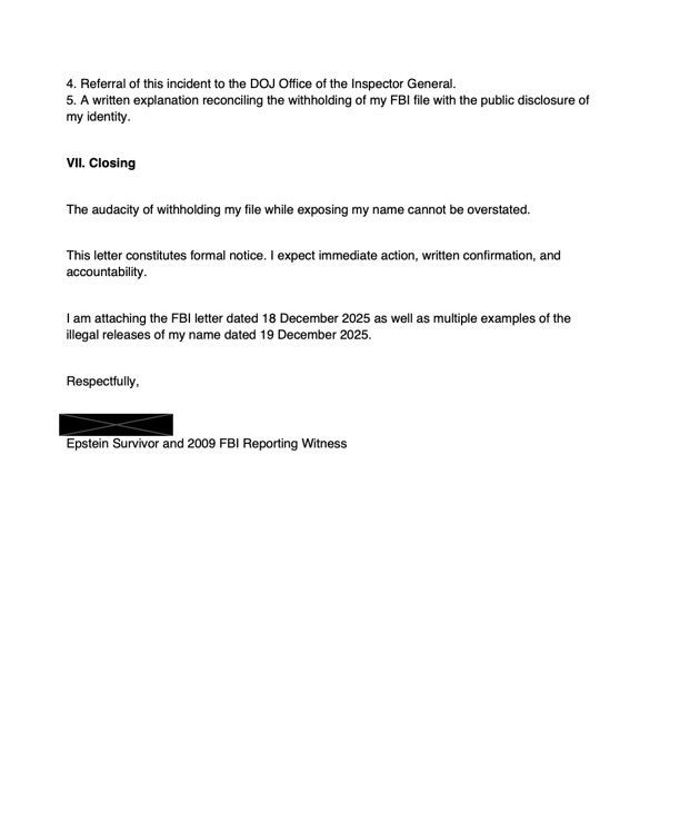 allenanalysis's tweet image. 🚨 BREAKING: The DOJ redacted Donald Trump’s name, but failed to redact the name of an actual Epstein survivor.

A Jane Doe who reported Epstein to the FBI in 2009 had her identity exposed in the DOJ’s document dump. 

She immediately sent a letter to the DOJ after discovering…
