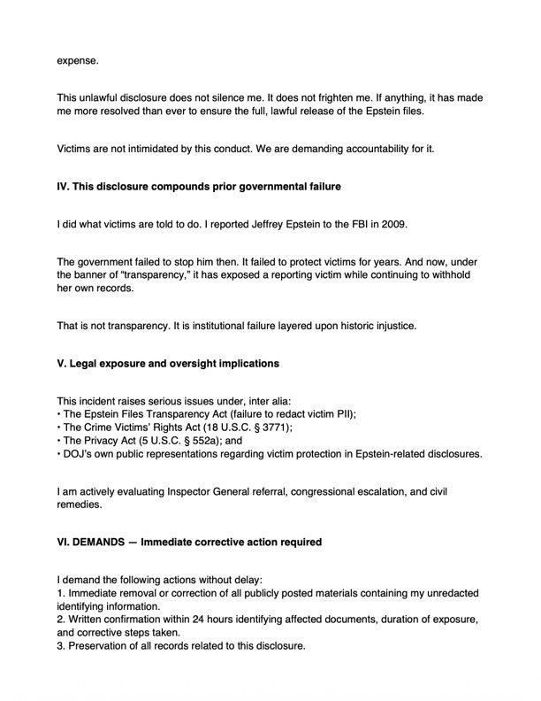 allenanalysis's tweet image. 🚨 BREAKING: The DOJ redacted Donald Trump’s name, but failed to redact the name of an actual Epstein survivor.

A Jane Doe who reported Epstein to the FBI in 2009 had her identity exposed in the DOJ’s document dump. 

She immediately sent a letter to the DOJ after discovering…