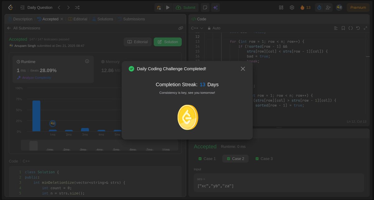 Anupamsingh04's tweet image. LeetCode Daily ✓
Column-wise check → greedy scan
Break early once order fails 🙂
Streak: 13 days 🔥
#Algorithms #LeetCodeDaily #Cplusplus #LeetCode #DSA