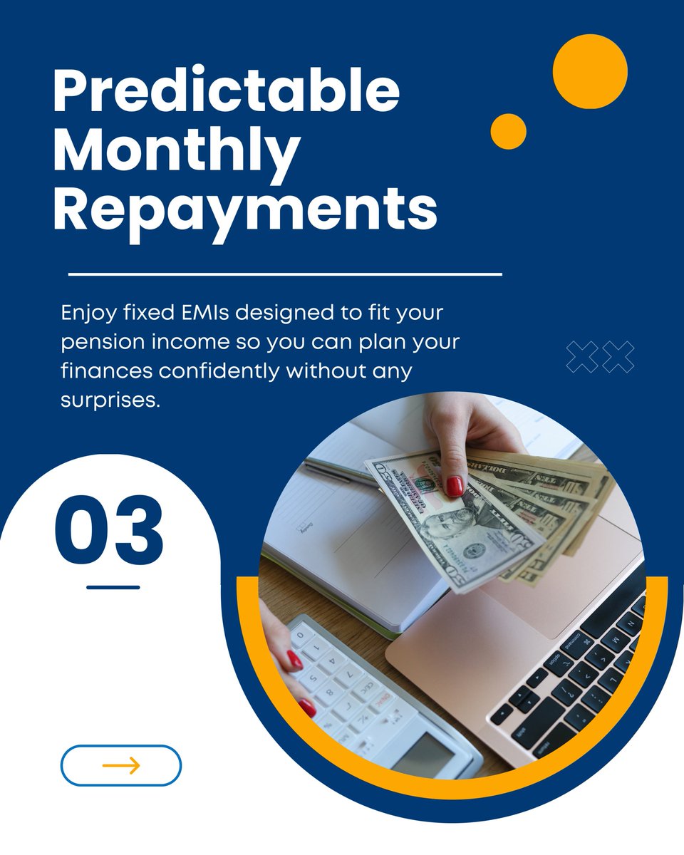 CapitalsMa34124's tweet image. Secure your retirement with pension loans designed for retired professionals, offering easy eligibility and predictable EMIs for complete peace of mind.

#PensionLoan #RetirementPlanning #ManiraCapital #SecureFuture