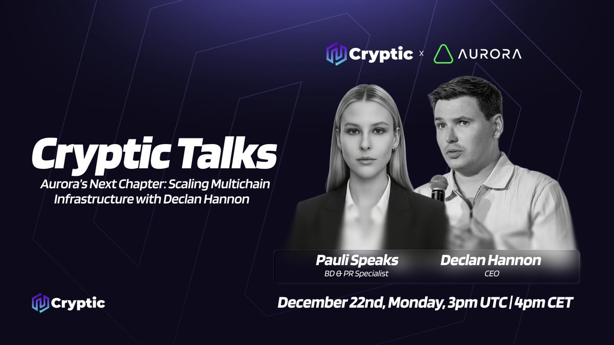 Cryptic_Web3's tweet image. 🎙 Cryptic Talks with @auroraisnear! 🎙

Aurora's Next Chapter: Scaling Multichain Infrastructure with Declan Hannon

🗓 Date: Monday, December 22nd
⏰ Time: 03:00 PM UTC / 04:00 PM CET
Host: @pauli_speaks, BD &amp;amp; PR Specialist at Cryptic
Guest: @declan_hannon, CEO at Aurora

Link:…