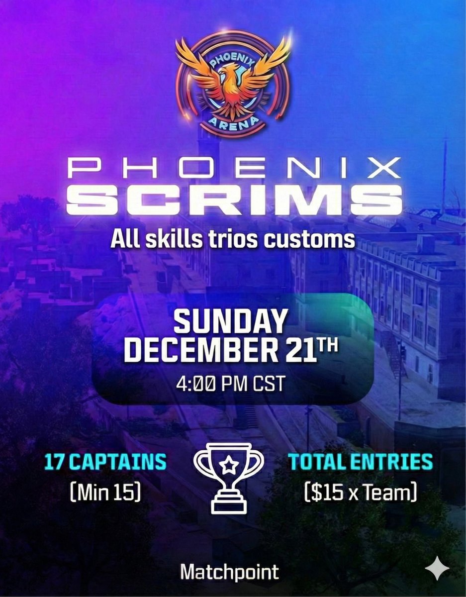 🔥🐦‍🔥 Phoenix Havens Hallow All skills 🐦‍🔥🔥 
 
📆: Sunday December 21 4:00 Cst 
🎟: 17 teams 
🌎: NAC 
💰: $15 per team 
📈: 150 MP 

Admin: <a href="/kimsi__/">PHNX kimsi</a>