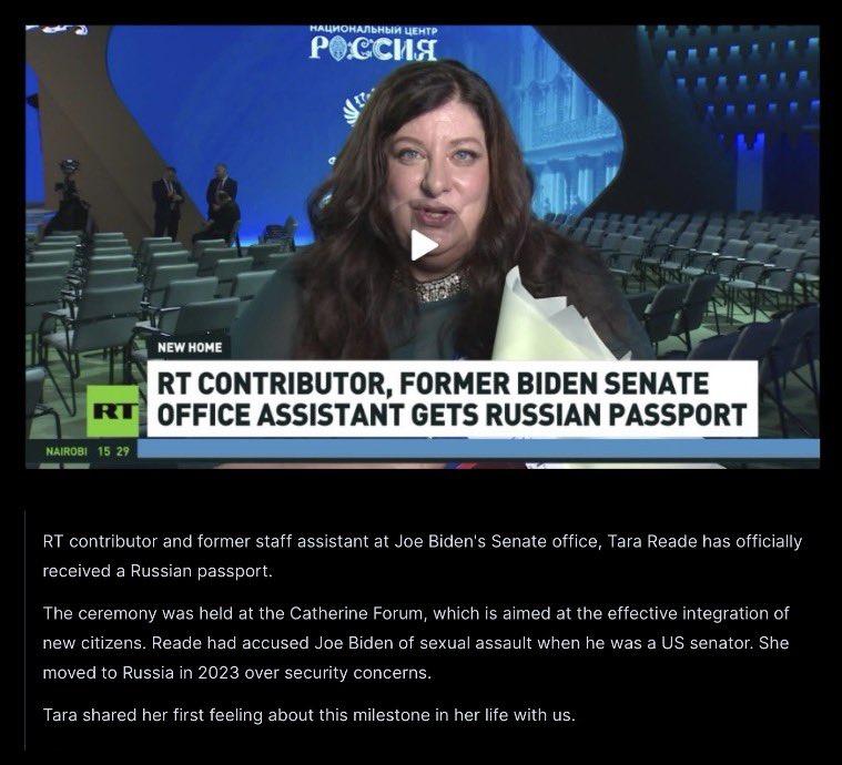 Z06Ronald's tweet image. 'I chose Russia': Former Biden Senate office assistant gets Russian passport
rumble.com/v739bvq-i-chos…

RT contributor and former staff assistant at Joe Biden's Senate office, Tara Reade has officially received a Russian passport.

@RT_com via @RumbleVideo
21.12.2025
