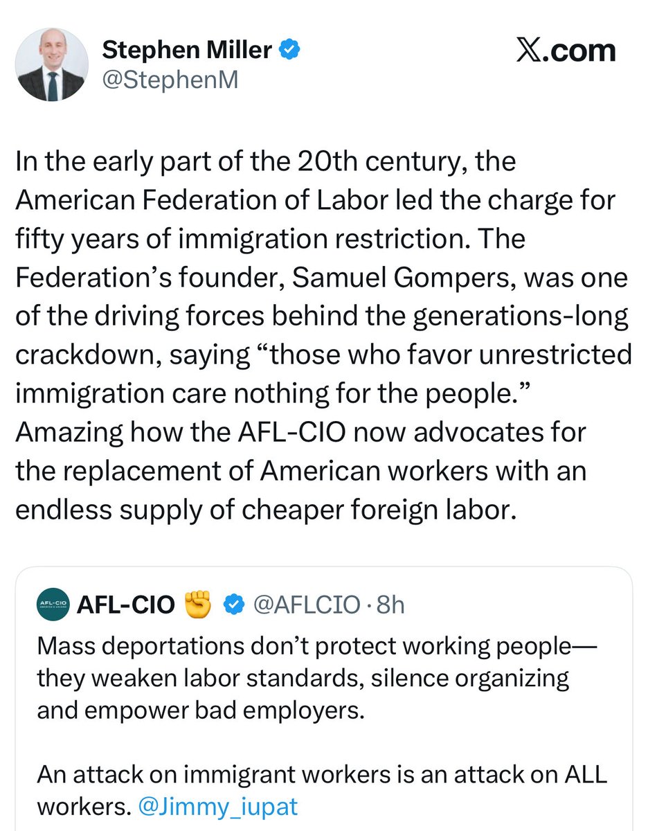 Stephen Miller is literally framing the same logic that fueled the 1930s mass deportations… hundreds of thousands of U.S. citizens were deported in the name of “protecting jobs.”

Mass deportation doesn’t protect American workers. It drives down wages, crushes organizing, and