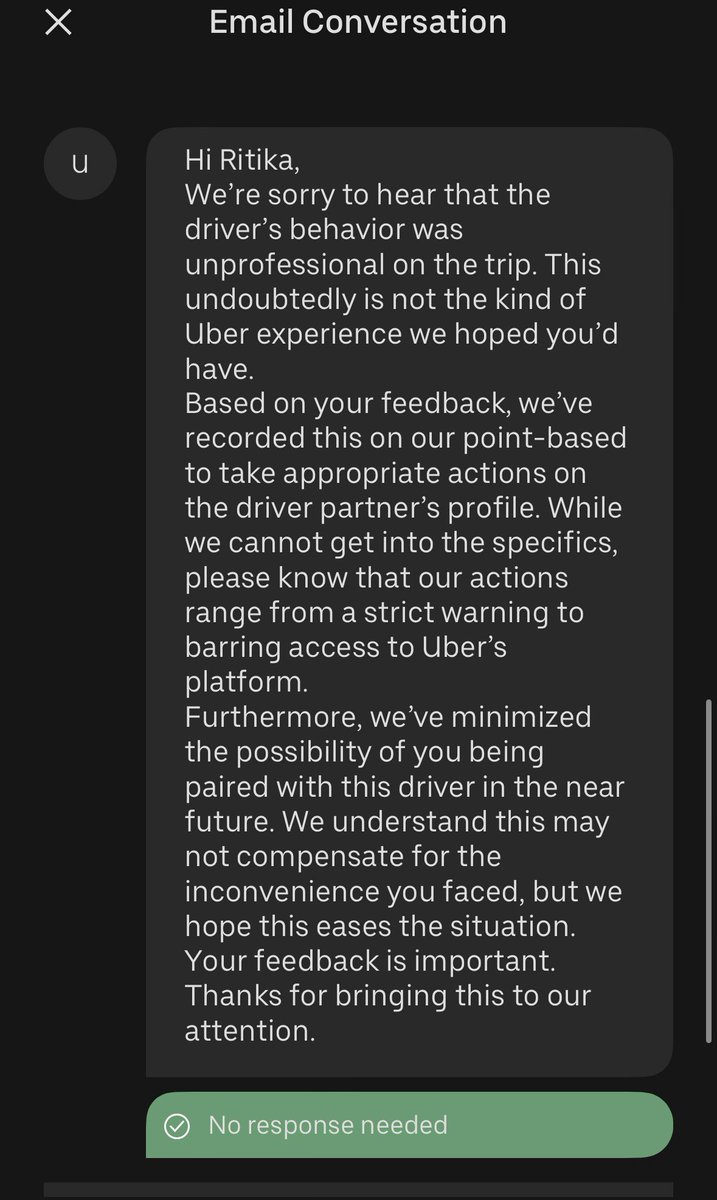 ritikapal92's tweet photo. As I said, there is no guarantee of your safety with @Uber_India @Uber_Support, all they have is an automated reply. https://t.co/agMWkTcE1M