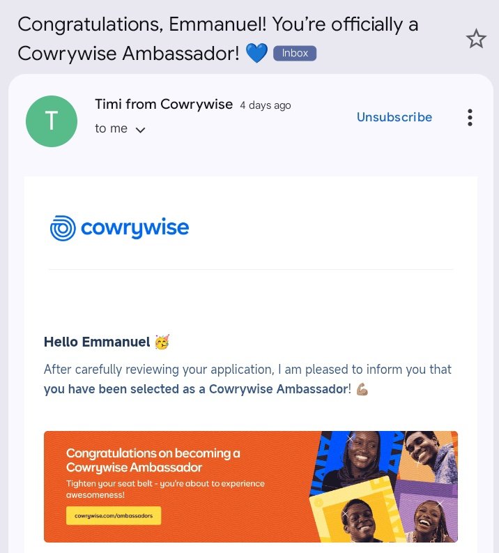 Excited to officially announce that I’ve joined <a href="/cowrywise/">Cowrywise</a> as a Brand Ambassador.
Looking forward to contributing, sharing insights, and growing with the community.
#Partnership #BrandAmbassador #Cowrise #BuildInPublic
