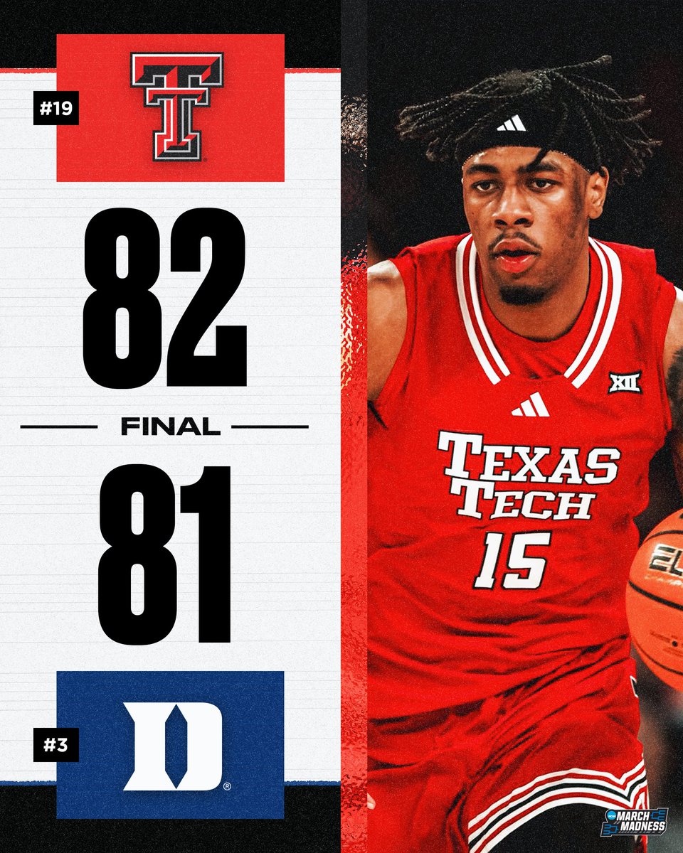 MarchMadnessMBB's tweet image. NO. 19 TEXAS TECH UPSETS NO. 3 DUKE 😱

The Red Raiders come back from down 17 to hand the Blue Devils their first loss of the season 👀