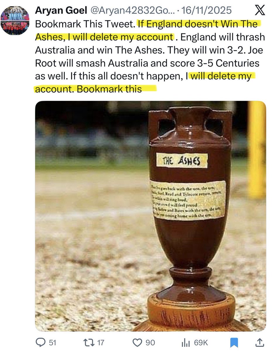 As advised by <a href="/Aryan42832Goel/">Aryan Goel</a> I did bookmark his post 

I’m sure you will all join me in farewelling him from X 👋

On the plus side for him, he’ll at least save himself further daily embarrassment with his predictions … which are always reposted to himself 🤔

🏏  #Ashes
