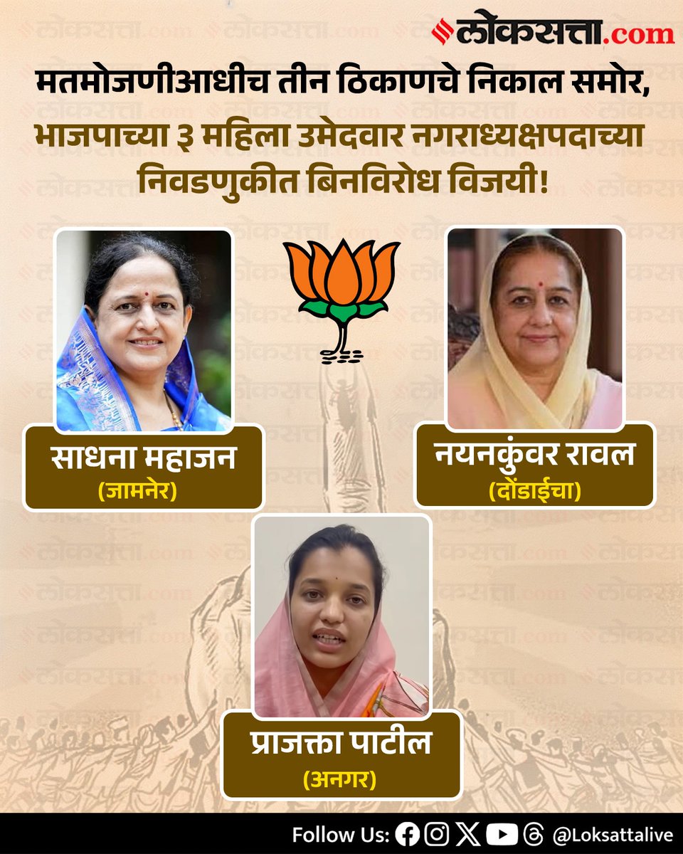LoksattaLive's tweet photo. मतमोजणीआधीच तीन ठिकाणचे निकाल समोर, भाजपाच्या ३ महिला उमेदवार नगराध्यक्षपदाच्या निवडणुकीत बिनविरोध विजयी!
https://t.co/k2DYnqDkFX < येथे वाचा सविस्तर वृत्त
#Marathinews #BJP #Politics #Voter #Eelection #Result https://t.co/inmvnW1675