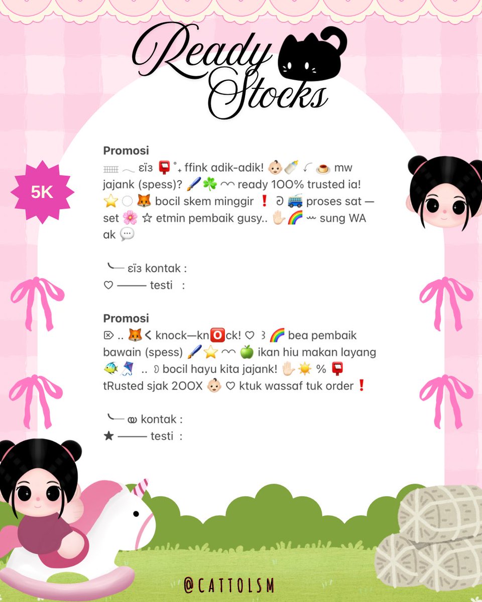 CATTOlSM's tweet image. ⣠ ︵  ♥︎  help repost?  tysm &amp;lt;3 ⭐️🎀  𓂅

◠  ⢸⠀ alline  ada  4  wording  promosi kidcore  bocil  ready  stock. . 🎶🍏  𓂃 . εїз   hanya  5k .ᐟ.ᐟ  &amp;gt;___%   💬👧🏻   ▷  ketuk  DM  sekarang. . ✋🏻 ₊˚𓂂

☆ —— tap alt for details! . . 🐈💧
zonauang  %  zonajajan  %  zonaba