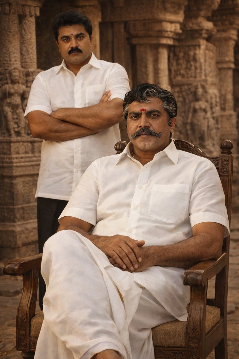 23rd_Pulikesi's tweet photo. Father-Son portrait: (Use portrait images for best results)

1. Open ChatGPT/ Gemini AI/GrokAI 

2. Upload your pictures

3. Enter the prompt—

 {
"prompt": "Use the uploaded reference images for exact facial likeness AND exact body structure. Do not modify body size, height, proportions, posture, or physique. Father seated in the CENTER foreground on a sturdy wooden chair with an AUTHORITATIVE posture, back straight, shoulders relaxed but commanding, LEGS CROSSED at the knee, pose clearly visible. Father’s seated pose conveys calm dominance and respect. Son standing BEHIND AND STRICTLY ON THE LEFT SIDE OF THE FRAME (viewer’s left), never right, never centered, never mirrored. Son positioned on the LEFT third of the image frame, fully visible. Son has his HANDS FOLDED / ARMS CROSSED firmly across the chest, pose clearly visible, not hidden. Maintain the same body build, height ratio, shoulder width, arm thickness, and posture as the uploaded images. No muscular enhancement, no slimming, no body reshaping. Father wearing traditional white veshti and white shirt, drape and fit matching reference. Son wearing a light-colored short-sleeve shirt and dark trousers, fit and folds consistent with reference. Background is a traditional South Indian STONE-CARVED TEMPLE AESTHETIC with ancient sculpted stone pillars, intricately carved granite walls, temple relief sculptures, weathered stone textures, heritage Dravidian architecture. No modern elements. Warm cinematic side lighting, natural shadows enhancing stone depth, realistic skin texture. Mood of legacy, respect, authority, and family bond. Ultra-realistic photography, high face fidelity, identity preservation, film still aesthetic.",
"negative_prompt": "father legs uncrossed, casual sitting, slouched posture, son hands open, arms down, hands behind back, son on right side of frame, son centered behind father, mirrored composition, flipped image, modern buildings, urban background, plain walls, palace halls, body alteration, muscular enhancement, slim body, body reshaping, height change, exaggerated physique, cartoon, anime, illustration, painting, blur, distorted faces, incorrect anatomy, extra limbs, low resolution, over-smooth skin",
"aspect_ratio": "4:5",
"camera": {
"angle": "eye level",
"framing": "medium shot (knees to head)",
"lens": "35mm cinematic"
},
"lighting": {
"type": "warm cinematic side lighting",
"shadows": "soft but deep shadows emphasizing stone carvings",
"contrast": "high"
},
"style": {
"photorealism": true,
"identity_preservation": true,
"body_preservation": true,
"depth_of_field": "shallow",
"detail_level": "ultra"
},
"subjects": [
{
"role": "father",
"position": "seated center foreground",
"pose": "legs crossed, authoritative seated posture",
"spatial_lock": "fixed",
"body": "exactly as uploaded reference image",
"expression": "calm, authoritative"
},
{
"role": "son",
"position": "standing behind and on LEFT side of frame",
"spatial_lock": "absolute left-frame only",
"pose": "hands folded / arms crossed",
"visibility": "fully visible",
"body": "exactly as uploaded reference image",
"expression": "confident, proud"
}
],
"environment": {
"location": "ancient South Indian stone-carved temple",
"architecture_style": "Dravidian temple architecture",
"elements": [
"stone carved pillars",
"sculpted granite walls",
"temple relief carvings",
"weathered stone textures"
],
"color_tone": "warm earthy stone tones"
},
"quality": {
"resolution": "high",
"sharp_focus": true,
"realistic_skin_texture": true
},
"constraints": {
"no_mirroring": true,
"no_flipping": true,
"strict_spatial_composition": true,
"no_modern_elements": true,
"pose_lock": true
}
}