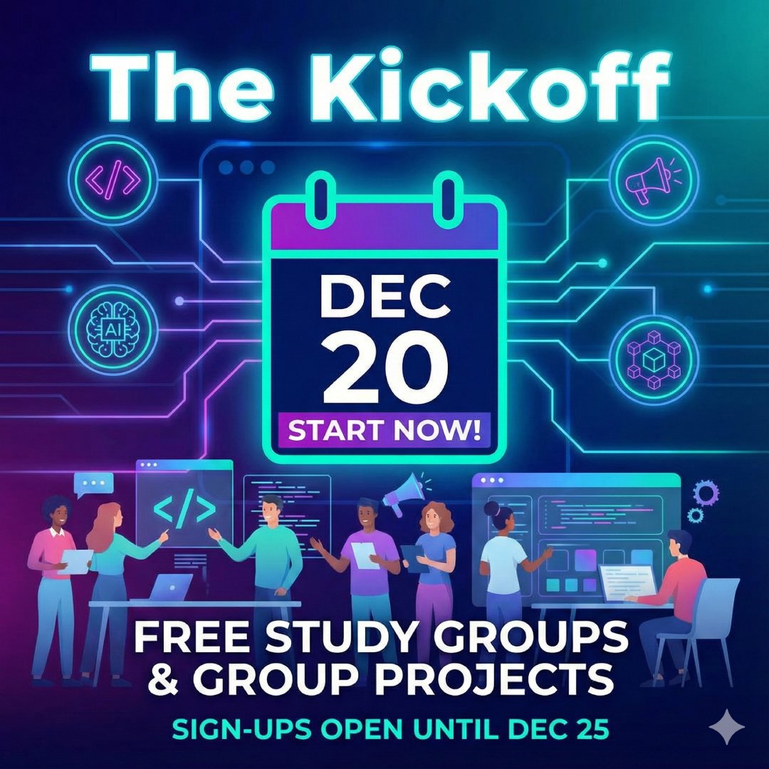 w3Develops's tweet image. It’s time to level up for 2026! 🚀 Join free study groups and build group projects. 
✅ Collaborative learning 
✅ Real-world projects 
✅ 100% free 
Apply before Dec 25th to secure your spot! 
#JavaScript #DigitalMarketing #AI #Web3 #w3Develops #100DaysOfCode #freeCodeCamp