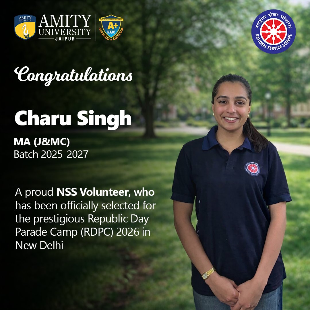 AmityUniJaipur's tweet image. It is a moment of immense pride as we congratulate Charu Singh on her selection for the prestigious Republic Day Parade Camp (RDPC) 2026 in New Delhi.

#AmityUniversityJaipur #NSSIndia #RDPC2026 #RepublicDay #StudentLeadership #NationalServiceScheme #JournalismAndMassComm