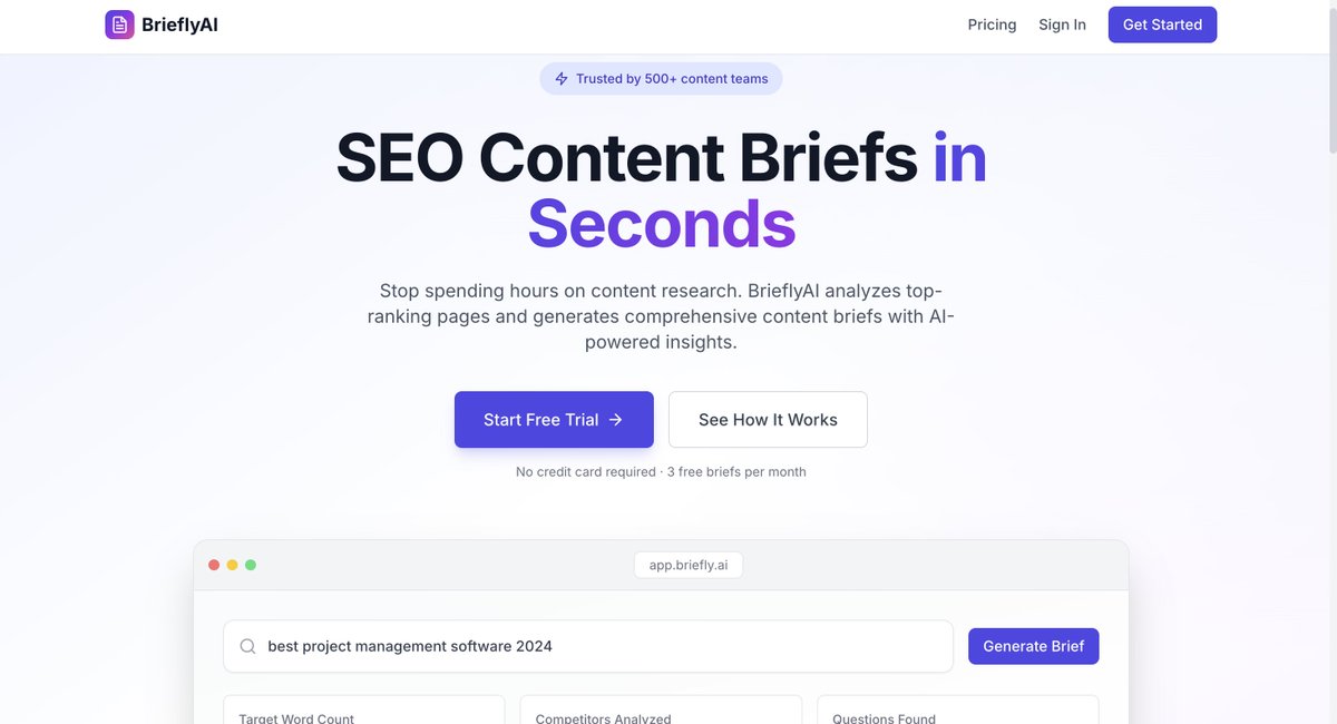 ProVibeCode's tweet image. Just shipped BrieflyAI 🚀

An AI-powered SEO content brief generator.

What it does:
• Analyzes top 10 ranking pages
• Generates detailed content outlines
• Finds questions to answer
• Recommends word counts

Try it: briefly-ai-zeta.vercel.app