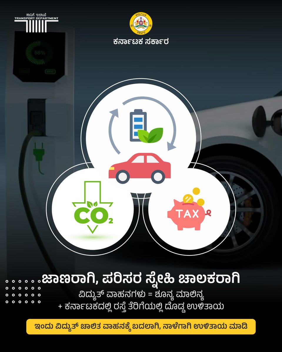 ಭವಿಷ್ಯ ಹಸಿರಾಗಬೇಕೆಂದರೆ, ಆಯ್ಕೆ ಬದಲಾಗಬೇಕು! 🌱⚡

ವಿದ್ಯುತ್ ವಾಹನಗಳು
ಇಂಧನ ವೆಚ್ಚವನ್ನು ಕಡಿಮೆ ಮಾಡುವುದಷ್ಟೇ ಅಲ್ಲ
ಪರಿಸರ ಸ್ನೇಹಿಯಾಗಿವೆ 🚗🔋

ನಮ್ಮ ಮುಂದಿನ ಪೀಳಿಗೆಯು ಶುದ್ಧ ವಾಯು ಉಸಿರಾಡಬೇಕಾದರೆ — ಇಂದೇ ಇವಿ ವಾಹನವನ್ನು ಆಯ್ಕೆಮಾಡಿ! 🌍💚

#GoElectric #GreenFuture #EVRevolution #CleanAir #SustainableLiving