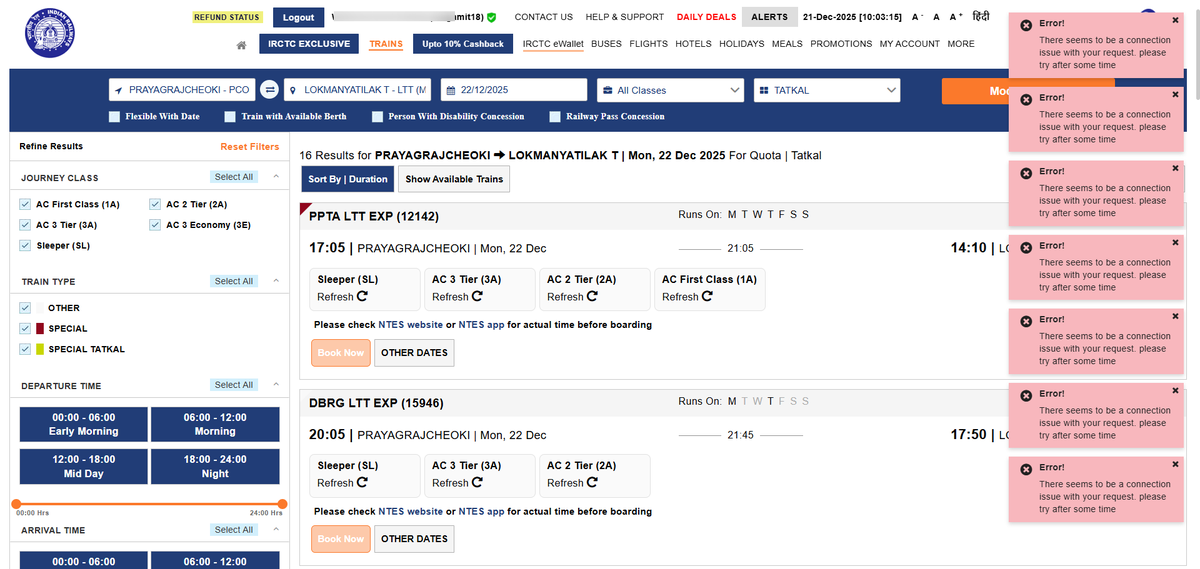 kingamit's tweet photo. I have been sitting all week to book Tatkal tickets ..its been a week, and I am unable to book a single Tatkal ticket. This is such pathetic experience nowadays with IRCTC website. getting harder to get tickets and travel. Hoping this gets normalised soon. @AshwiniVaishnaw https://t.co/oerM0sVpHC