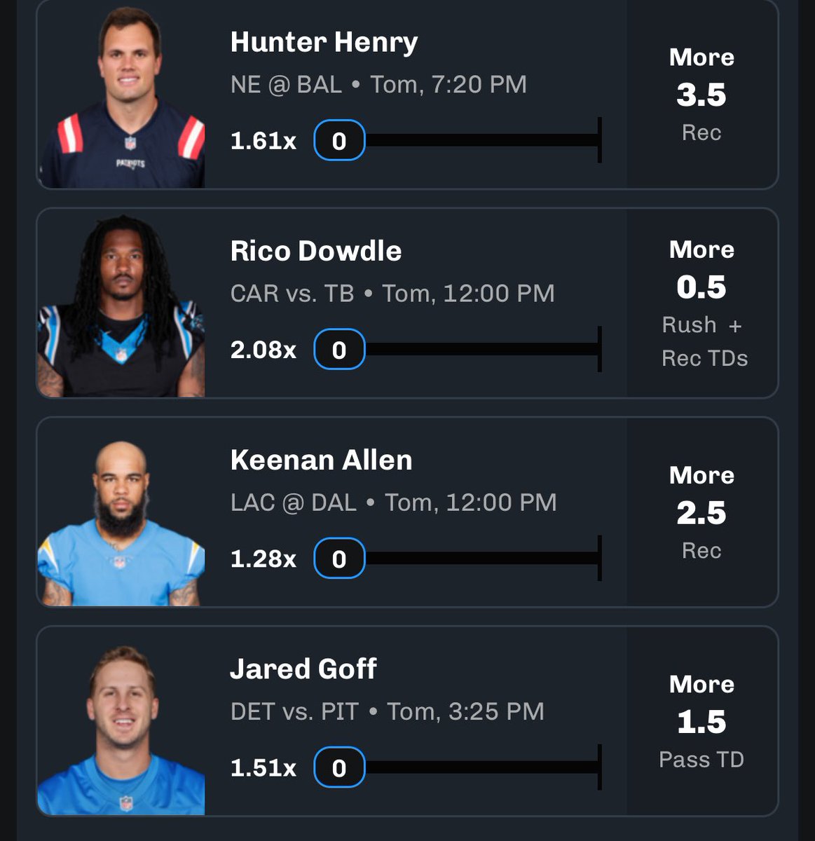 CoinofCollect's tweet image. Sunday NFL Prop 

Pretty simple idea for this lay.

Hunter Henry, Rico Dowdle, Kennan Allen are all on the cusp of reaching there Bonuses💰. So if they hit, they get paid! Then Jared Goff Passing TDs because they are in need of a playoff spot and Sunday will be the decider.