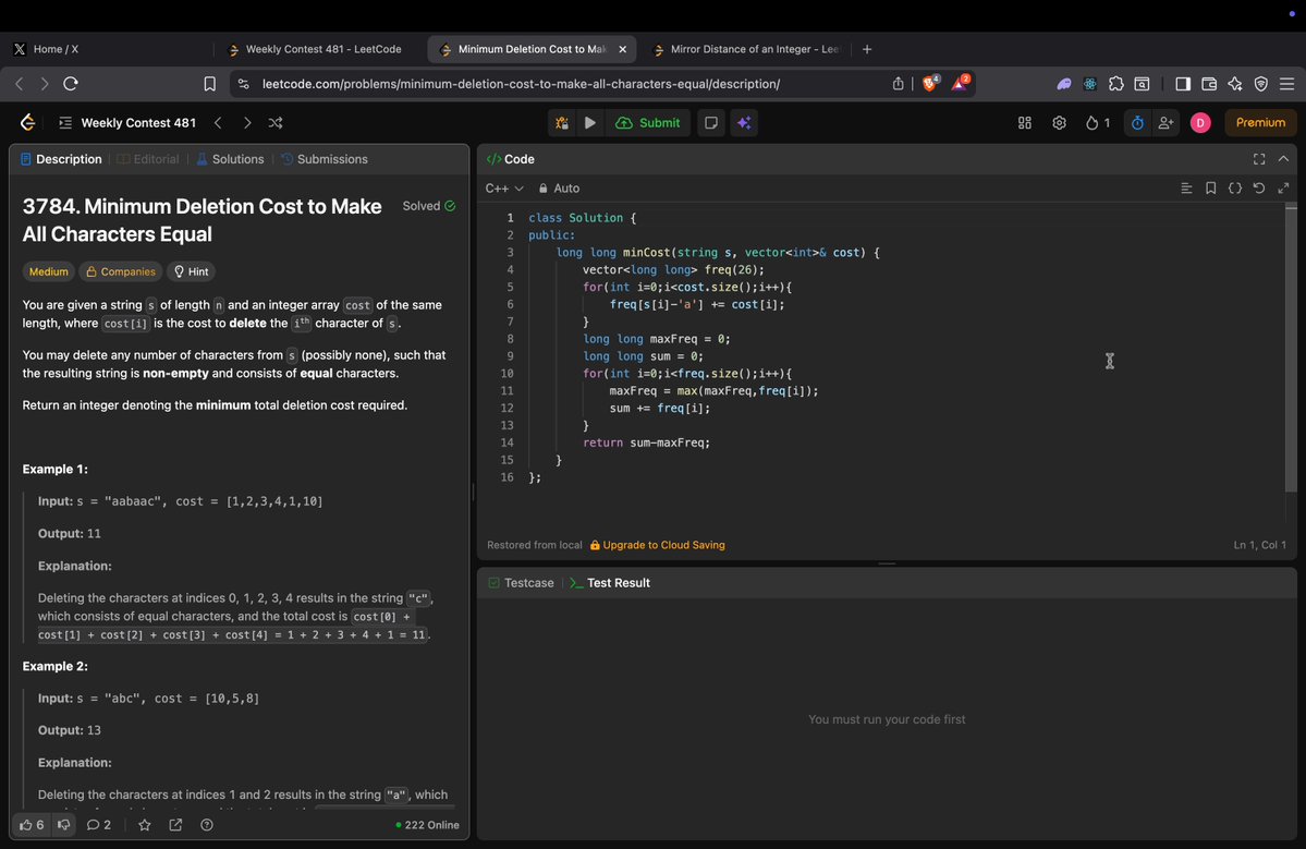 deepakagg2006's tweet image. Day 41/180
Leetcode Weekly 481
1st ques =&amp;gt; Just know how to reverse number (can convert to str then reverse then back to int)
2nd ques =&amp;gt; calculate freq of all char and return the sum of all freq excluding the max one
3rd ne frustate kar diya 🥲
#LeetCode #leetcodecontest