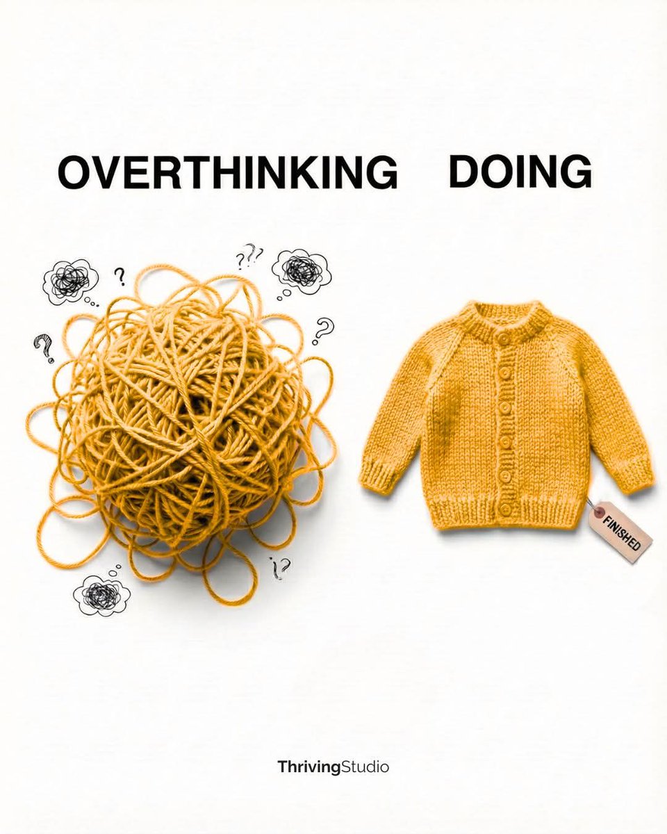 Psychodoctor06's tweet photo. Overthinking vs Doing

Overthinking feels productive.
It looks like preparation.
It seems like intelligence.

But most of the time, 
it is fear wearing a thinking mask.

Overthinking happens when the mind tries to achieve certainty before action.

It keeps asking: 
“What if I fail?” 
“What if it goes wrong?” 
“What if I regret this?”

So the mind keeps looping. 
Planning. 
Replanning. 
Imagining outcomes. Rehearsing conversations that may never happen. 
Solving problems that don’t exist yet.

Overthinking tangles energy. Like yarn pulled in every direction, the more you think, the messier it becomes.

Doing is different.
Doing is imperfect.
It doesn’t wait for clarity.
It doesn’t need confidence first.
Action creates order.

When you act:
feedback replaces speculation,
experience replaces imagination,
clarity follows movement.

The mind calms not because answers appear, but because uncertainty finally has direction.

Most people think they overthink because they care too much.
In reality, they overthink because they are trying to avoid emotional discomfort: 
fear of mistakes,
fear of judgment,
fear of wasting effort,
fear of discovering limits.

Doing forces contact with reality. And reality feels uncomfortable.

Overthinking keeps life theoretical.
Doing makes it real.

This is why action often feels relieving even when it is hard. 

You don’t untangle the mind by thinking harder. 

You untangle it by pulling one small thread and starting.

Messy action beats perfect hesitation.

Overthinking asks,
“Is this the right move?”
Doing asks,
“What happens if I try?”

And slowly, stitch by stitch, life becomes something you are creating, not something you are stuck analyzing.

What is your reason for overthinking and not doing ?
#Psychology