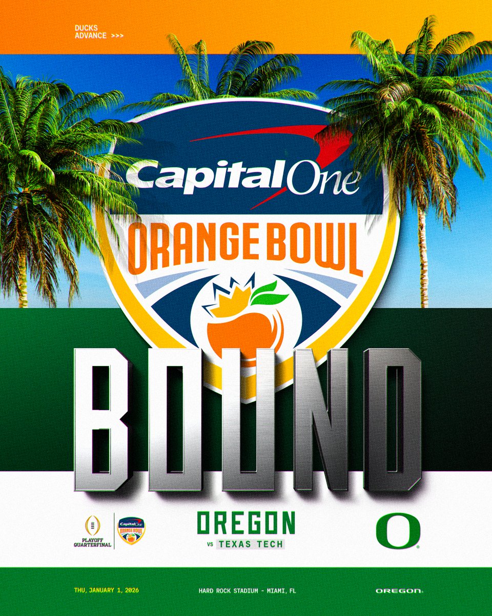 See you in Miami!

Oregon advances to the <a href="/CFBPlayoff/">College Football Playoff</a> Quarterfinals for the second year in a row.

#GoDucks