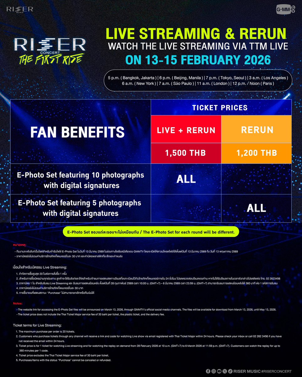 ‘RISER CONCERT : THE FIRST RISE’ 
14-15 FEBRUARY 2026 TICKETS SOLD OUT! 
#RISERCONCERT

เพิ่มรอบการแสดงในวันศุกร์ที่ 13 กุมภาพันธ์ 2569
ซื้อบัตรได้วันนี้ (21 ธันวาคม 2568) เวลา 13.00 น. ทาง ThaiTicketMajor

3RD SHOW ADDED!
FRIDAY, 13 FEBRUARY 2026

TICKETS ON SALE : 21 DECEMBER
