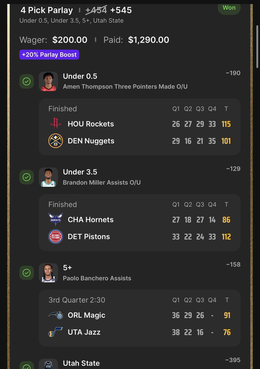 Asianlocks2Mr's tweet image. BANG NBA SWEEP 💰

1U Amen Thompson U0.5 3’s/Utah st ML -110✅

1U Paolo Banchero O4.5 assist -155✅

1U Brandon Miller U3.5 assist -115✅

+545✅

More plays⬇️

mrasianlocks.com