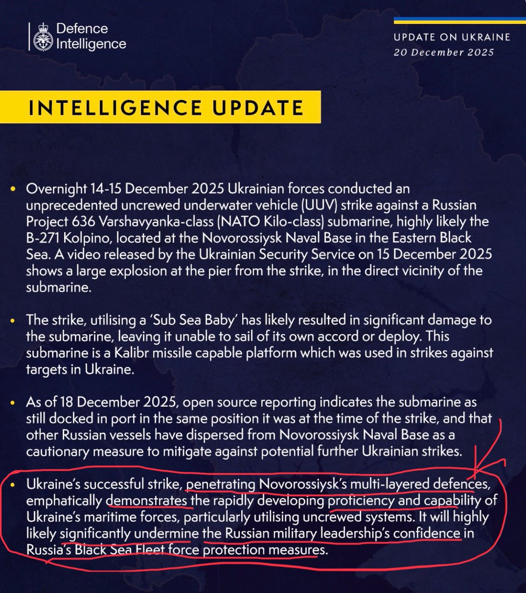 GlenHoward_GH's tweet photo. Latest UK MOD update on 12/20 notes the effectiveness of Ukrainian #USVs in ���penetrating the multi-layered Russian defenses in Novorossysk”causes remaining #Russian fleet to disperse, i.e., leave the naval base to…Sea of Azov?Nowhere else 2 run 2 in the Black Sea. @ralakbar https://t.co/voz6lH6pGi