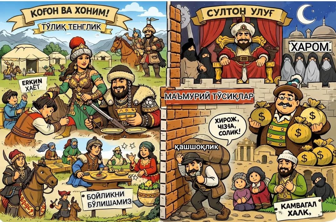 kechiruvchi's tweet photo. Қадимги туркий аёллар ва Исломдан кейинги чекловлар: мустақилликдан маҳрум бўлишлари хақида

Қадимги туркийларнинг маданияти ва этикетини ўргансак, бугунги кун тили билан айтганда, улар тенглик маданияти муҳитида яшаганларини кўрамиз. Туркий аёл  иккинчи даражали бўлмаган, аксинча, жамиятнинг ва оиланинг марказий фигураси ҳисобланган.
Масалан узоқ сафардан ёки жангдан қайтган ўғил биринчи бўлиб отасига эмас, айнан Онасига салом бериб, унга таъзим қилган. Бу жамиятда ҳаёт бағишловчи илоҳий куч, аёлга бўлган эҳтиром, эркак кишининг ижтимоий мақомидан устун турганини кўрсатади. 
"Хоним" сўзининг келиб чиқиши ҳақидаги машҳур ривоят туркий этикетнинг энг юқори нуқтасидир. Чингизхон ёки туркий қоғонлардан бири ўз аъёнларига қараб: "Мен сизнинг Хонингиз (Хон) бўлсам, мана бу аёл менинг Хонимим!" деган. Бу этикет бўйича аёл киши эркак билан тенг ҳуқуқли ҳукмдор, унинг "буйруқ берувчиси" деб тан олинган.
Кўпгина халқларда қиз бола "бировнинг хасми" деб камситилган бир даврда, туркийларда "Уй — аёл кишининг салтанати, аёл уйнинг маликаси" деб ҳисобланган. Этикетга кўра, дастурхон бошида ва меҳмондорчиликда қиз болаларга алоҳида иззат-икром кўрсатилган. Қизларнинг фикри оилавий кенгашларда ("Қурултой"нинг кичик шакли) инобатга олинган.
Қадимги туркий аёллар турмуш ўртоғини танлашда мутлақо мустақил бўлишган. Масалан, достонларимизда (Қаникей, Ойбарчин, Ойчучук) қизлар ўз шартларини қўйишган. Бу этикет бўйича эркак киши аёлнинг кўнглини олиш ва ўзининг муносиблигини исботлаш (кураш тушиш, пойга, ақл беллашуви) учун ҳаракат қилиши керак эди. Аёл "объект" эмас, "субъект" бўлган.
Туркий этикет ва ҳуқуқ тизимида аёл киши ўз шахсий мулкига эгалик қилган. Турмушга чиқаётганда бериладиган сеп (энчи) аёлнинг шахсий дахлсиз мулки ҳисобланган ва эри унга тегинишга ҳаққи бўлмаган. Агар оила ажрашса, аёл ўз мулки билан бирга кетган. Туркий аёллар юзини тўсишмаган ва эркаклардан  ажратилган ҳолда яшашмаган. Улар эркаклар билан бирга овга чиқишган, отда чопишган ва зиёфатларда тенгма-тенг ўтиришган. Элчиларни қабул қилишда Хотин (Қатун) Қоғоннинг ўнг томонида ўтирган — бу сиёсий этикетнинг энг олий даражаси бўлиб, "аёлнинг имзосисиз давлат қарори кучга кирмайди" деган маънони англатган.
 Туркий аёл — заифа эмас, тоғлар хукмдори,  жангчи, доно ва мустақил шахс бўлган.
Исломийлашиш ва у билан бирга келган ўтроқлашиш (урбанизация) ҳамда марказлашган давлат тизими бойлар ва камбағаллар ўртасидаги ижтимоий масофани (тафовутни) кескин кенгайтириб юборди. Исломгача Туркийларда йер ва яйловлар жамоаники (қабиланики) ҳисобланган. Ҳар бир хонадон ўз чорвасига эга бўлган ва яйловдан тенг фойдаланган. Бу "табиий социализм" муҳитини яратган ва синфий фарқларни минимал даражада ушлаб турган.
Исломдан кейин:
 Ислом ҳуқуқи ва феодал муносабатлар (иқта тизим) кириб келиши билан йерга хусусий эгалик ва давлат эгалиги кучайди. ерлар амирлар, вазирлар ва диний уламоларга тақсимлаб берилди. Натижада ерсиз деҳқонлар ва оддий чорвадорлар катта ер эгаларига қарам бўлиб қолдилар.
Ислом давлати тизимида закотдан ташқари, ўтроқ аҳоли учун хирож, жизя ва бошқа кўплаб маъмурий солиқлар жорий этилди. Кўчманчи эркин туркийлар учун бу жуда оғир бўлган. Бой элита солиқлардан бойиган бўлса, оддий халқ зиммасига оғир иқтисодий юк тушган.
Ислом билан бирга ривожланган шаҳар маданиятида ҳашаматли саройлар, мадрасалар ва бозорлар пайдо бўлди. Шаҳар элитаси (амалдорлар ва йирик савдогарлар) ҳаддан ташқари бойиб кетган бир пайтда, чекка ҳудудлардаги кўчманчи ёки ярим кўчманчи аҳолининг турмуш даражаси нисбатан пастлигича қолди.
Қадимги туркийларда Қоғон халқнинг "отаси"дек бўлган ва оддий жангчилар билан бир қазондан овқат еган. Ислом таъсиридаги Форс ва Араб давлатчилик анъаналари (Султонлик) кириб келиши билан ҳукмдор "Аллоҳнинг ердаги сояси" даражасига кўтарилди. Ҳукмдор ва оддий халқ ўртасида катта маъмурий тўсиқлар пайдо бўлди.
Аёлларнинг ижтимоий ҳаётдан (бозор ва жамоат ишларидан)  четлатилиши, кўплаб оилаларнинг даромад манбаини фақат эркак кишига боғлаб қўйди. 

Энвер Пазилов