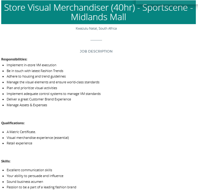AllJobs4us's tweet photo. Alert!!!

Company: TFG / Sportscene
Position: Store Visual Merchandiser
Location: Kwazulu-Natal-Midlands Mall
Click here to apply: https://t.co/JO2Rj4YlfA
Closing Date: 22 December 2025

Please refer to the picture for more info https://t.co/6IeiN9YWuU