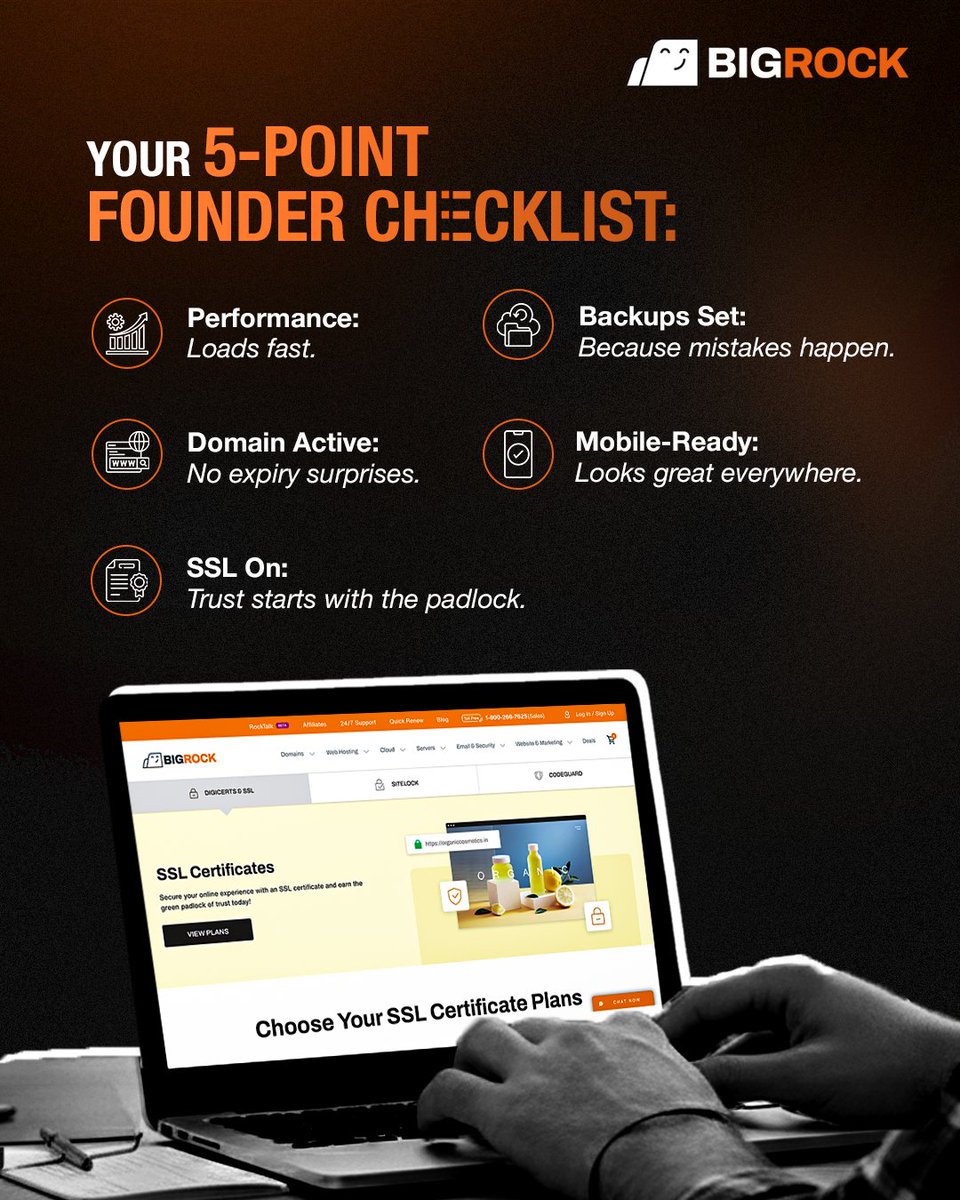 BigRock's tweet image. Launching isn't just flipping a switch, it's making sure your site is ready for real customers. 

#BigRock handles the backend so you can focus on what's next.

#WebsiteLaunch #SSL #FounderChecklist #StartupJourney #WebHosting #SecureYourDomain #OnlineBusiness #WebSolution