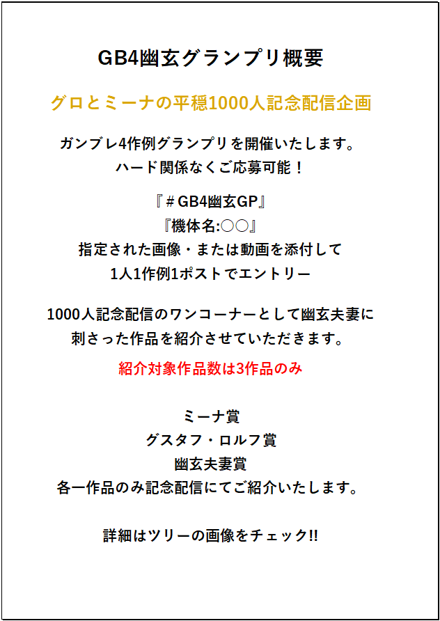 guro_miikkuaz's tweet image. #ガンダムブレイカー4
グロとミーナの平穏
登録者1000人記念配信のコーナーとして

#GB4幽玄GP
エントリー作品を募集致します‼️

詳細はリプライ、添付画像にてご確認ください🙏

コンテストでは出来なかった運営の最も刺さった作品を選出し、紹介致します❤️‍🔥

是非一緒にお祝いしてください✨️
