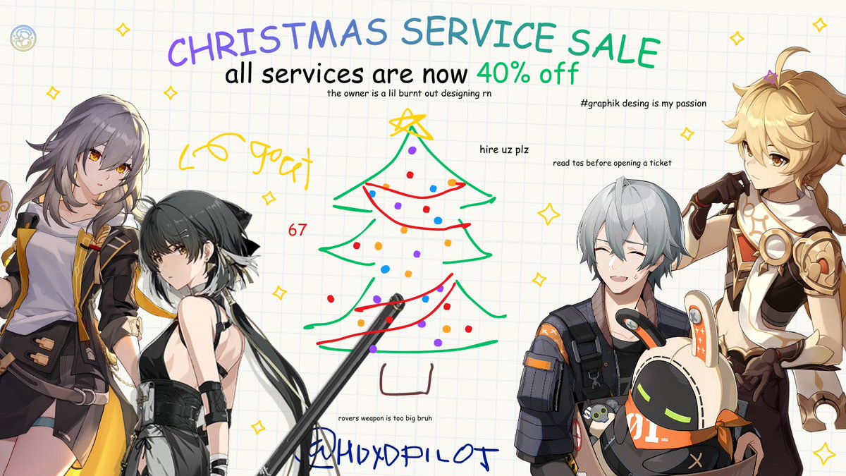 SALE : rts appreciated, HOYOPILOT'S CHRISTMAS SALE ♡ 40% OFF .ᐟ

・total price may change depending on your progress 
・limited slots only ♡ dm us to inquire 
— avail here : discord.gg/hoyopilot

#genshinpilot #wuwapilot #hsrpilot lf looking for pilot