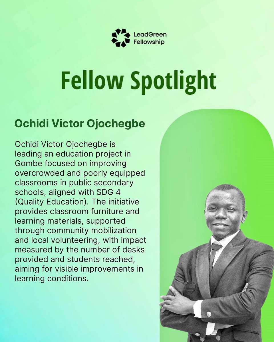 Ochidi Victor Ojochegbe
Leading change in Gombe by tackling overcrowded classrooms and equipping public schools with essential furniture &amp; learning materials. Aligned with #SDG4 for Quality Education.

Impact driven by community mobilization &amp; local volunteers.
