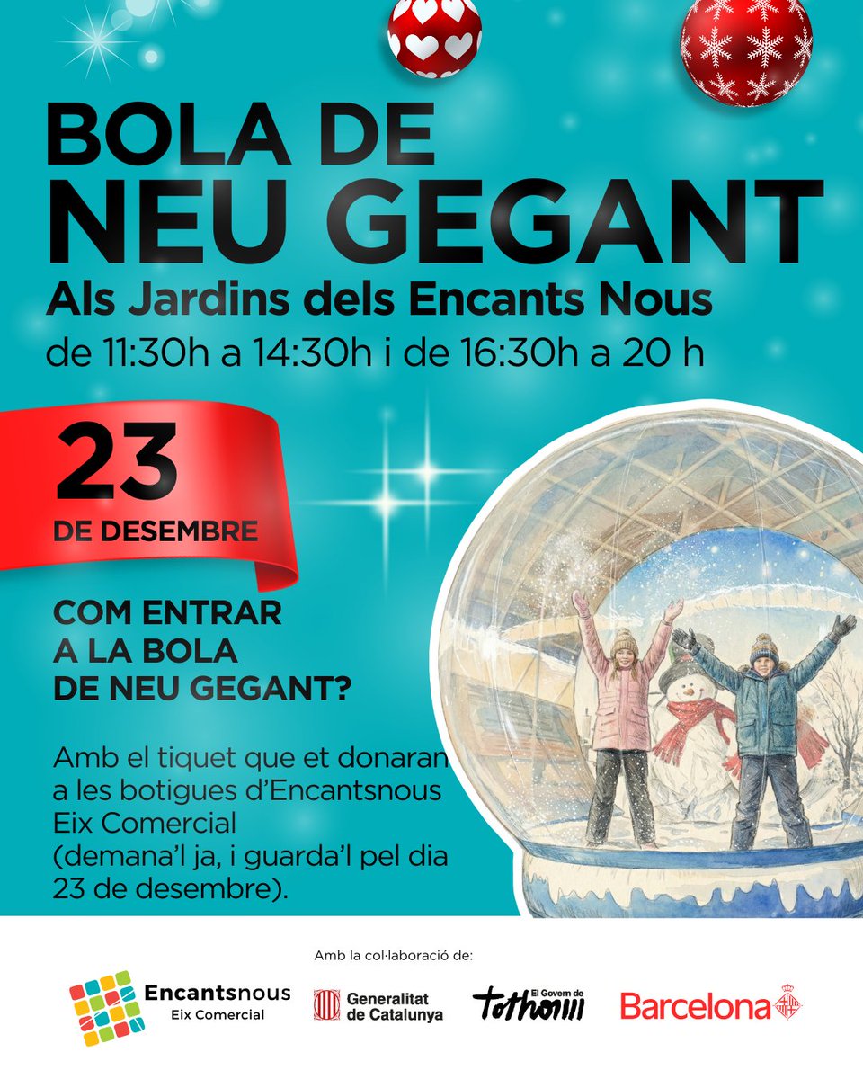 Vols viure un Nadal màgic? Entra en una bola de neu gegant als Jardins dels Encants Nous! 🎟️
Aconsegueix el teu tiquet comprant als Encantsnous Eix Comercial.
Vine el 23/12 i crea moments únics! 📅⛄️
#NadalAlBarri