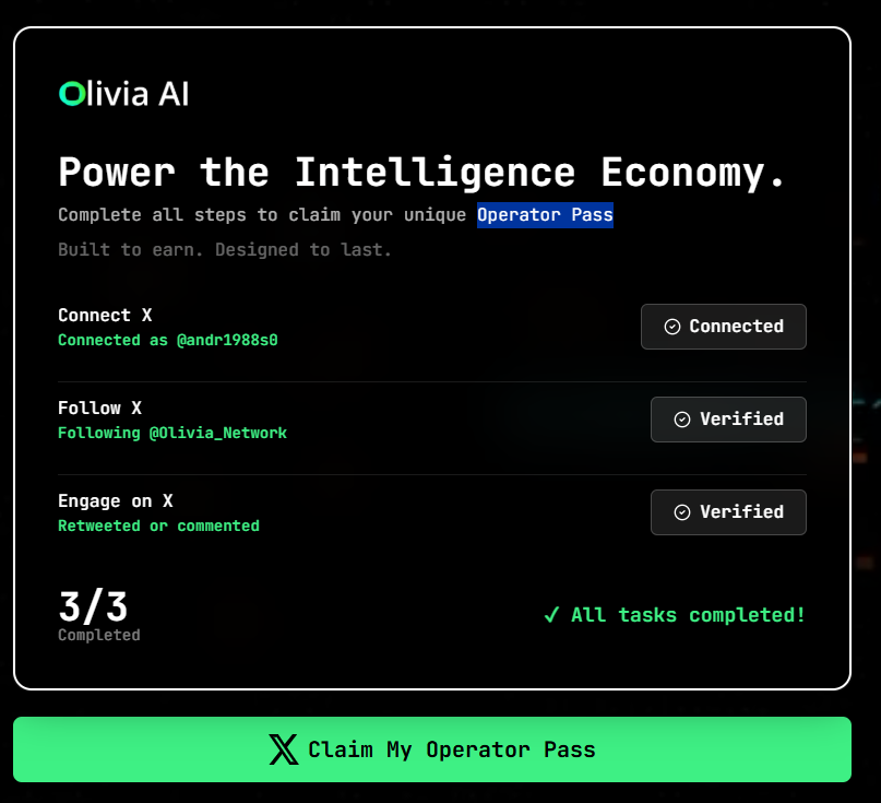 Just claimed my Olivia Operator Pass and joined the AI network empowering AI agents, <a href="/Olivia_Network/">Olivia Network AI</a>.

Billions of interactions. Thousands of agents. Hundreds of builders.

The claim window closes soon
 operator.olivianetwork.com/share-operator…