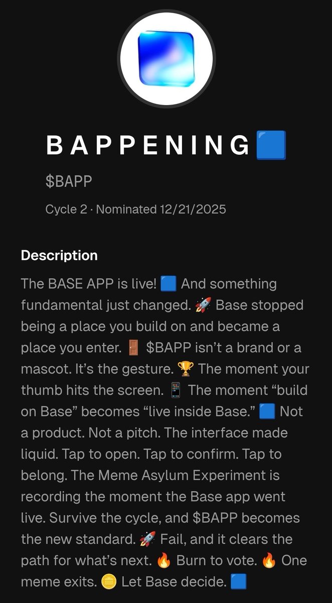 📍What is B A P P E N I N G, $BAPP?
When the @Base app dropped, it wasn’t just a launch. 🟦🚀
It was a moment, the first time the chain became a place you enter, not just build on. 🔥
So we minted that moment into a meme coin. 🪙
$BAPP isn’t a token. It’s the ritual of the tap.