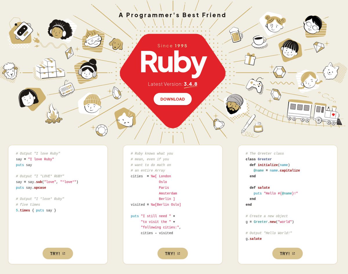 nixcraft's tweet image. The Ruby language website has a new look. The main image uses cartoon art that feels very Japanese. Take a look at it. Do you use Ruby Lang?