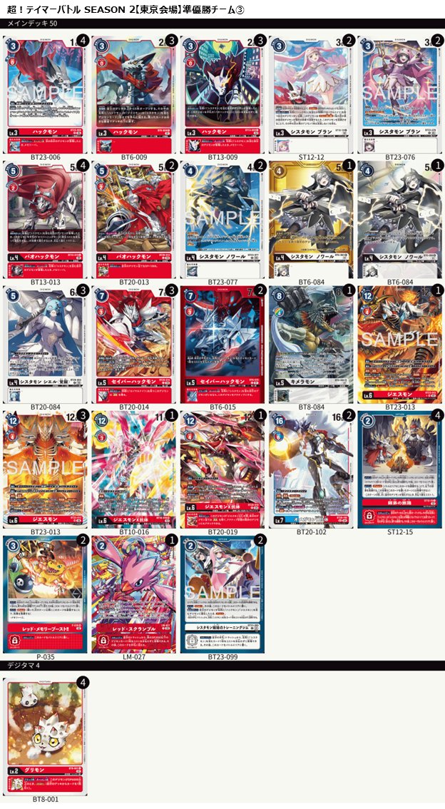 digimon_tcg's tweet image. 📢#デジカ 超！テイマーバトル SEAOSON 2【東京会場】

激戦を制し、準優勝チームとなったのは NO！カイザー ！！

瑞熊選手
bandai-tcg-plus.com/deck_code_reci…

かくれんぼ選手
bandai-tcg-plus.com/deck_code_reci…

だー選手
bandai-tcg-plus.com/deck_code_reci…

おめでとうございます！

#デジモンカードゲーム #デジモン