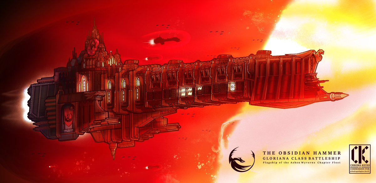 Flying close to the sun; The Obsidian Hammer, flagship of the Ashen Wyverns (homebrew Warhammer40k AU space marine legion) 

Ship commission for @ thedragonlegi0n on insta
(re- with some changes)