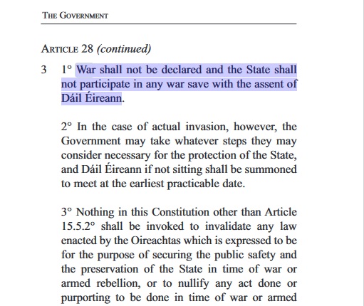 So, Micheal Martin has, with the stroke of a pen on Friday, signed us up to a €3bn debt plus €100m pa interest, so that Ukraine can buy weapons? Yep.

Has any of this massive outlay by the State come before the Dail for debate? Nope.

Isn't this a breach of the Constitution?